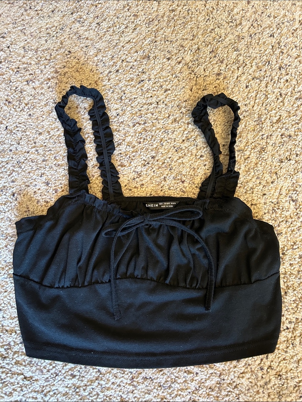 SHEIN Black Ruffle Strap Tie-Front Crop Tank